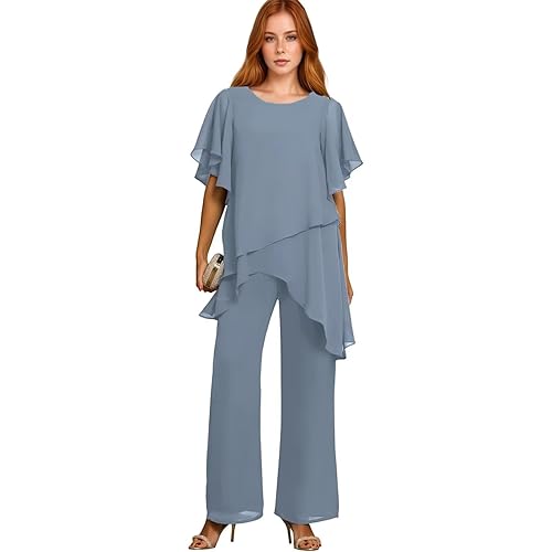 2 Pieces Mother of The Bride Pant Suits for Wedding Long Sleeves Chiffon Pantsuits Formal Evening Outfit with Jacket