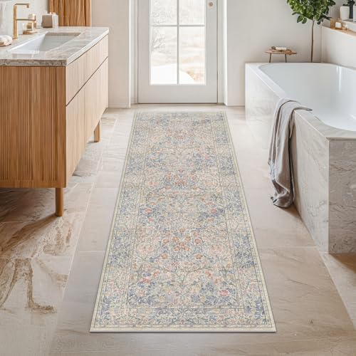 Non Slip Beige Blue Hallway Runner Rug - Long Runner Rugs 2x7 Washable Kitchen Floor Mat, Laundry Room Rug, Bathroom Runner - Vintage Design Decor