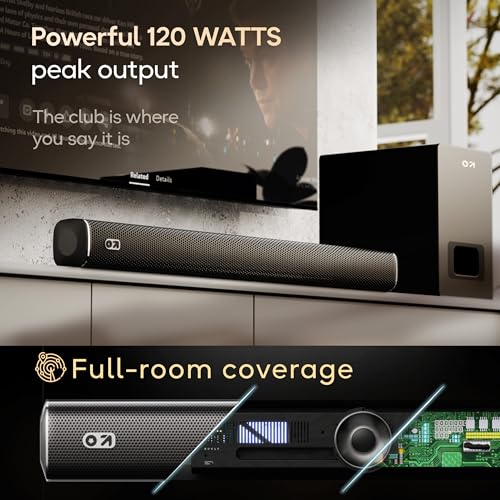Image of GOBOULT X120 2.1 Channel Bluetooth Soundbar with BoomX Subwoofer, 120-Watt Output Surround Sound, EQ Modes, Remote Accessibility, USB /HDMI /AUX & Optical Fiber Connectivity Sound bar (Black)