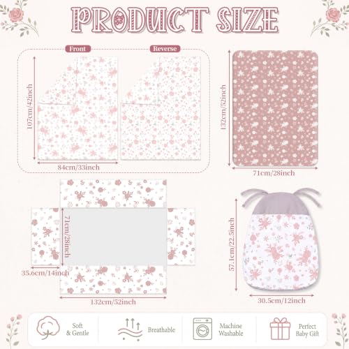 Image of Hahafelt 4 Pieces Crib Bedding Set for Girls and Boys, Soft Baby Bedding Set Including Crib Skirt, Comforter, Sheet and Diaper Stacker for Nursery(Antique Rose)