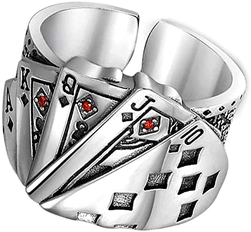 Bague homme en argent plaqué cartes à jouer : anneau style punk ajustable pour un look tendance