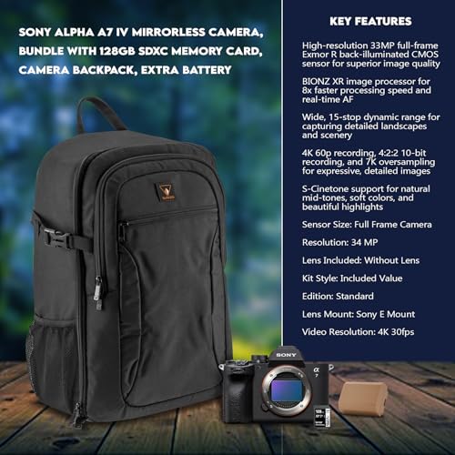 Sony Alpha a7 IV Full Frame Mirrorless Interchangeable Lens Digital 4K Camera, Black - Bundle with 128GB SD Memory Card, Camera Backpack, Extra Battery