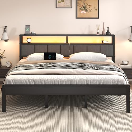 Image of E-Motie King Size Bed Frame with LED Lights and Charging Station, Wood Storage Headboard with 2-Tier Shelves, Heavy Duty Metal Slats, No Box Spring Need, Noise Free, Easy Assembly, Light Grey