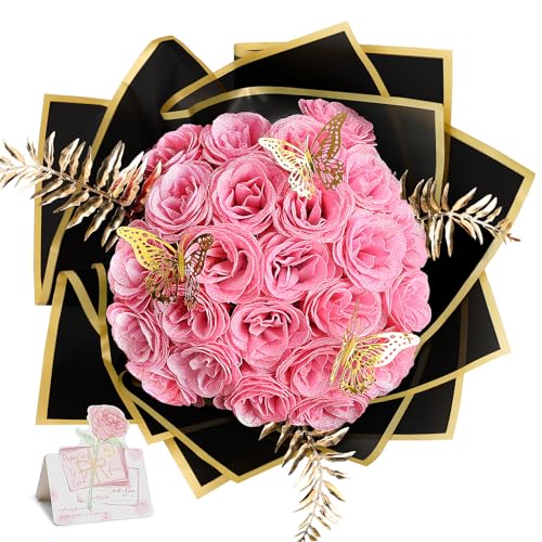 Tobilu Pink Glitter Roses Bouquet - 24 Pcs DIY Glitter Flowers Bouquets Artificial Everlasting Elegance Shiny for Graduation Gifts Anniversary Birthday Wedding