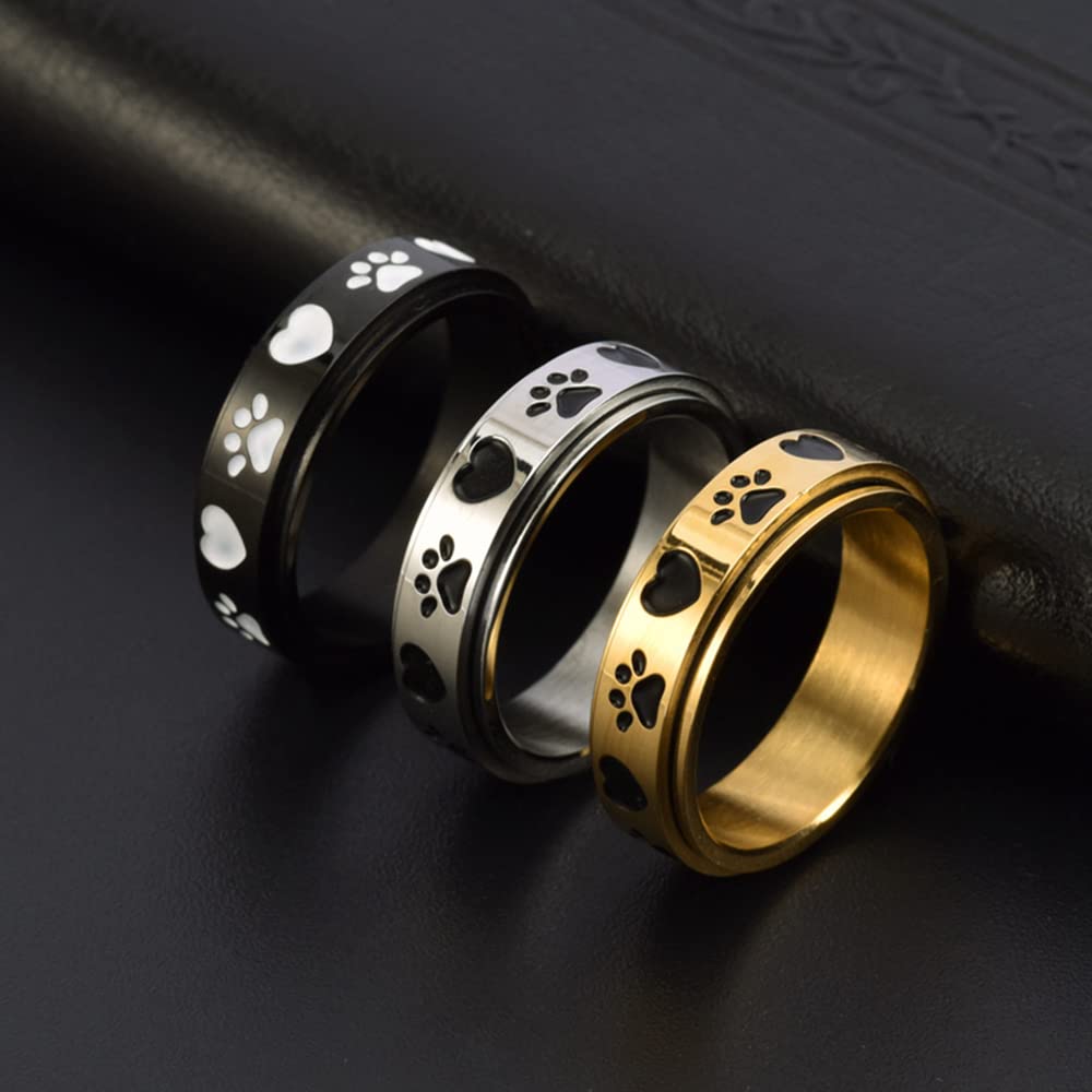 Adorable bague anti-stress avec empreintes de pattes de chien en acier inoxydable noir - Cadeau de mariage ou d'anniversaire pour femme et homme - Pour l'ennui, le TDAH, l'autisme et l'anxiété