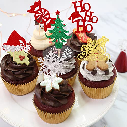 24 Pack Merry Christmas Cupcake Toppers Glitter Candy Sleigh Christmas Hat Tree Hohoho Cupcake Picks Merry Christmas Theme Happy New Year Holiday Party Cake Decorations Supplies #TOP6