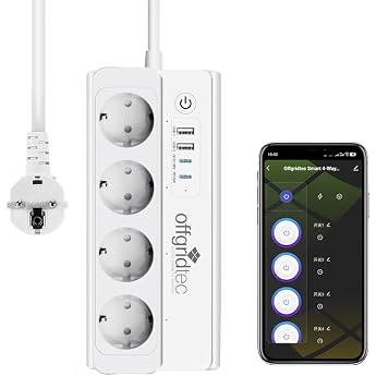 Offgridtec Smart WiFi Power Strip with 4 Sockets + 2 USB-A & 2 USB-C App Controlled by Smart Life/Tuya Real Time Energy Monitoring Alexa/Google Compatible 16A/3680W 1.5m Cable 1 Pack