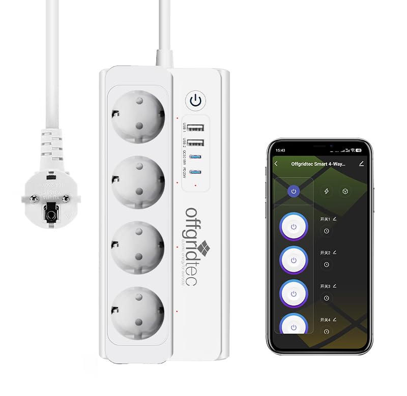Offgridtec Smart WiFi - Regleta de 4 enchufes con 2 USB-A y 2 USB-C, controlada por...
