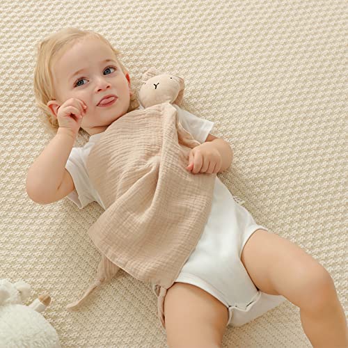 Image of insular Bunny Lovey Blanket for Boys and Girls, Organic Cotton Muslin Security Blanket for Babies, Soft Breathable Lovie Soothing Towel for Newborn and Infant, 2 Pcs Set (Khaki&Pink)