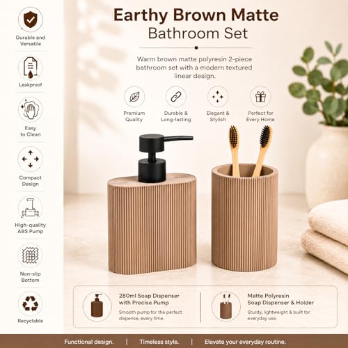 Image of MARKET 99 Bathroom Accessories Set of 2 | Brown Polyresin Soap Dispenser & Toothbrush Holder | Textured Matte Bathroom Organizer Set for Vanity, Countertop & Wash Basin