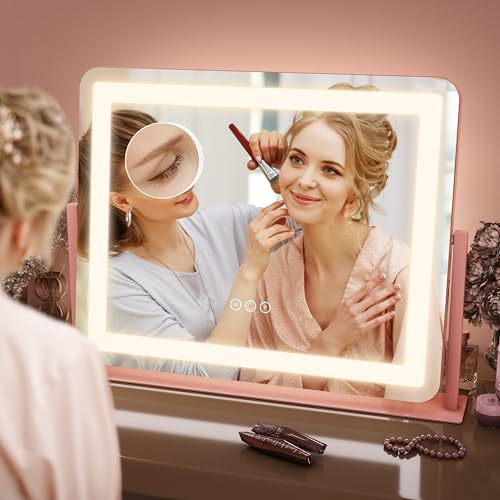 Image of FENNIO Vanity Mirror with Lights 22''x17'' Makeup Mirror,Vanity Mirror Touch Screen with 3-Color Lighting,Dimmable,for Vanity Desk Tabletop(Pink)