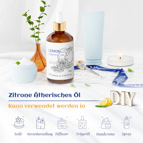 Hiqili Zitrone Ätherisches Öl, für die Reinigung, Diffusor, Haut, kann Hinzugefügt werden, um Sprays, Creme zu Verwenden, Enthält Reiseflasche - 3,38 fl oz