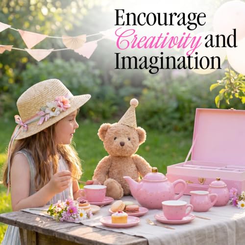 Image of Giggle & Honey Tea Party Set for Little Girls, Pink Gold Polka Dot Porcelain Kids Tea Set with Carry Case, Teapot Cups & Saucers, Princess Pretend Play Birthday Gift for Girls Ages 3, 4, 5, 6, 7, 8