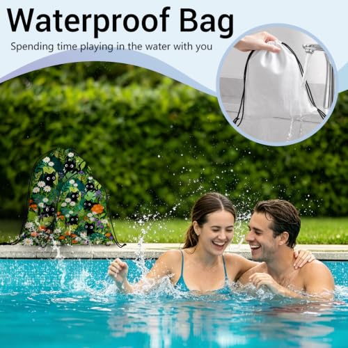 Image of Cat Storage Bag With Drawstring Green Leaves Pouch Outdoor Hiking