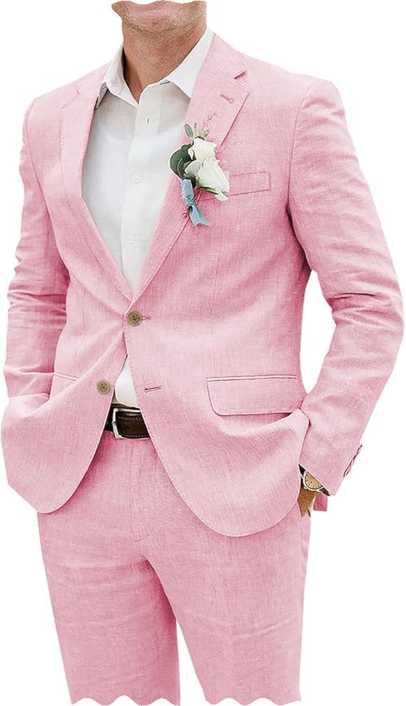 Summer Casual Men's Suits Regular Fit 2 Piece Prom Tuxedos Linen Blazer Pants for Beach Wedding4