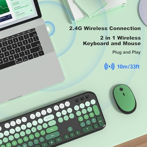 Image of Wireless Keyboard and Mouse Combo, MOWUX Colorful Computer Full Size 2.4G Plug and Play Wireless Typewriter Keyboard and Mouse Set for Computer, Desktop, PC (Black Green Gradient)