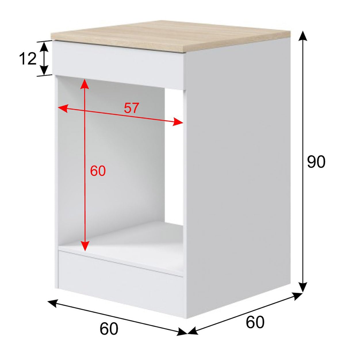 PEGANE - Meuble Bas de Cuisine avec Plan de Travail pour Four Coloris Blanc Brillant/Chêne Canadien - Hauteur 90 x Longueur 60 x Profondeur 60 cm