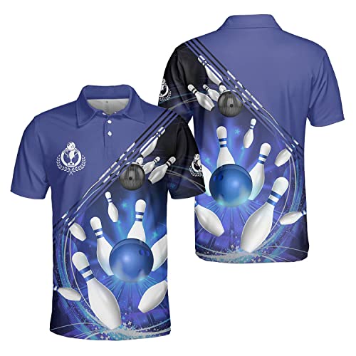 PIGO Funny Blue Bowling Polo Shirt for Men, Short Sleeve Bowling Jerseys for Team, Bowling Men's Polo Shirt Men Women