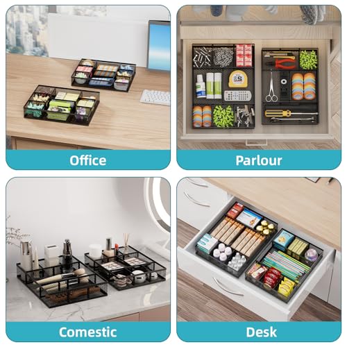 Marbrasse 2 Pack Desk Drawer Organizer, Mesh Drawer Organizer Tray with 8 Adjustable Compartments, Desk Organizers and Accessories, 5 Dividers Drawer for Office Supplies, Makeup & Vanity (Black) - Image 5