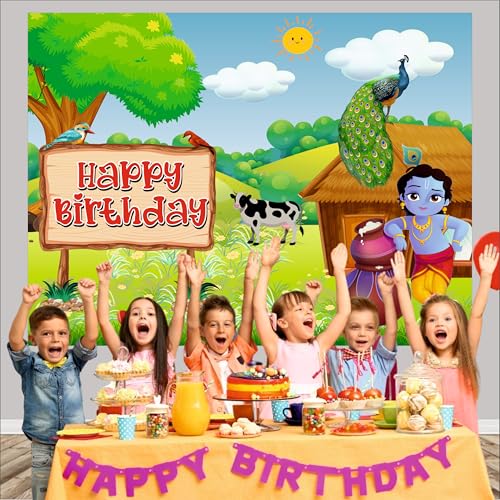 Image of Little Krishna Birthday Backdrop 4x3 Ft | Backdrops for Decoration | Birthday Decoration Backdrop | Banner for Kids Theme Party