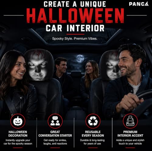 Image of PANCA 2 Pack Scary Car Headrest Covers, Upgraded Snug Fit Universal Headrest Cover, Breathable Polyester Ghost Face Seat Protector for Halloween Car Interior Decoration, Vehicle Accessories