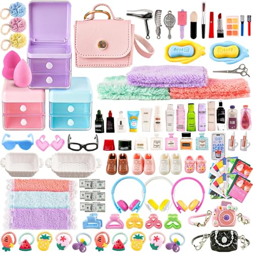 116Pcs Dollhouse Mini Accessories Set - Makeup Tools Bathroom Toiletries Handbag for DIY Micro Scene Decoration Simulation Shampoo Hair Dryer Cosmetic Brush for Bedroom Girl Novelty Toy Jewelry Box
