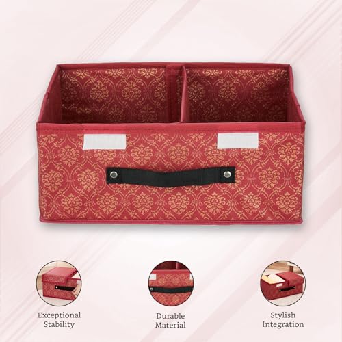 Image of Amazon Brand - Solimo Double Lid Foldable Storage Box | Toys Storage Bin | Wardrobe organizer for Clothes | Front Handle | Stackable Rack | 36 x 25 x 16 cm (Golden Print, Maroon)