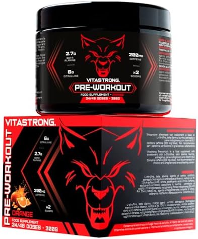 Pre Workout Potente 300g, Preworkout Vegan con Vitamina B12, L Citrullina, Beta Alanina, Caffeina, Taurina, AstraGin, Vitastrong Pre Workout Made in Italy (24 Porzioni (Confezione da 1), Orange) Pre - integratore