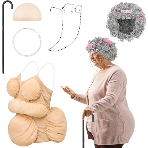 YFNVH 6-teiliges Alte Oma Kostüm-Set Lustige Oma Kostüm Alte Frau Verkleidung mit Lockenperücke Gehstock Brillenkette Perlenkette Fat Suit und Haarnetz für Halloween Fasching JGA