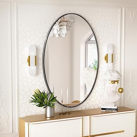 Antok Oval Wall Mirror, 20X28 Inch Oval Mirror for Wall, Bathroom Wall Mirror, Vanity Mirror, Pill Shaped Mirror for Bathroom, Mirror Farmhouse, Anti-Rust, HD Tempered Glass, Black Cover