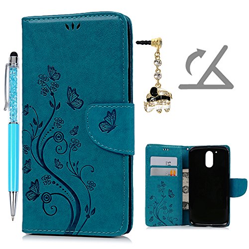 Geniric Funda Moto G4 Plus, Funda Libro de Cuero Impresión de Flor, Flip Cover para Moto G4 Plus, Wallet Case con Soporte Plegable (Funda Azul + Lápiz Capacitivo + Enchufe Anti del Polvo)