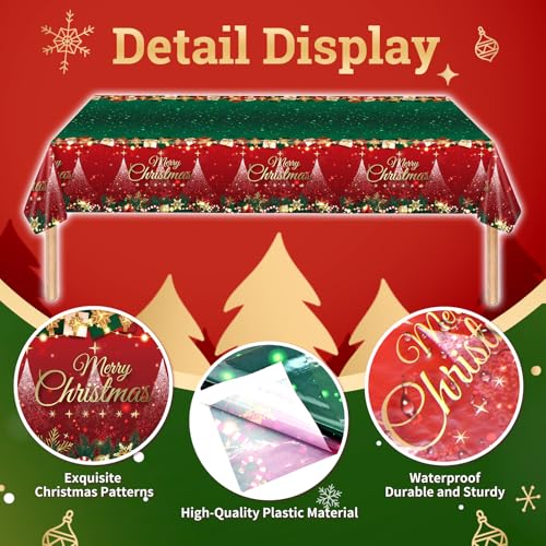 Image of 3-Piece 54 x 108 Inch Merry Christmas Plastic Tablecloth - Red and Green Design with Christmas Tree Holiday Decorations, Disposable Rectangle Table Cover for Xmas Party Supplies, Indoor Outdoor Decor