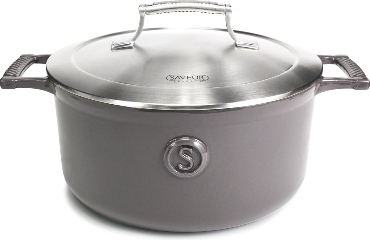 SAVEUR SELECTS Enameled Cast Iron Casserole, 5-Quart Dutch Oven with Double-walled Stainless Steel Lid, Rabbit Grey, Voyage Series