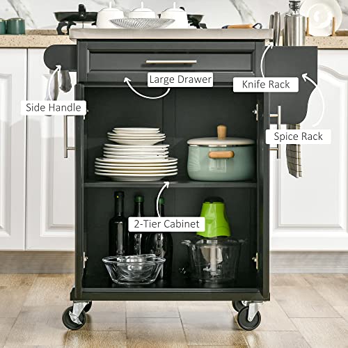 HOMCOM-Kitchen-Island-on-Wheels-Rolling-Kitchen-Cart-with-Stainless-Steel-Countertop-Drawer-Towel-Rack-and-Spice-Rack-Utility-Storage-Trolley-Black HOMCOM Kitchen Island on Wheels Rolling Kitchen Cart with Stainless Steel Countertop Drawer Towel Rack and Spice Rack Utility Storage Trolley Black