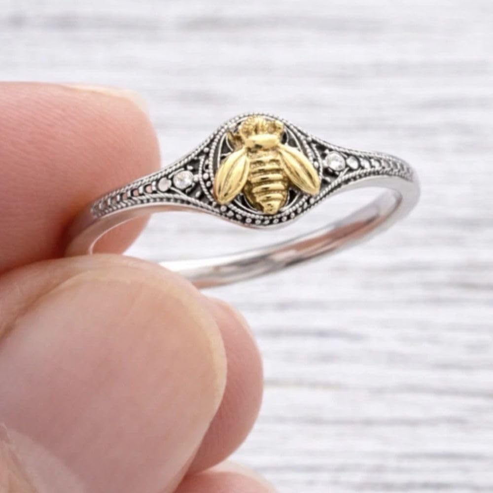 SilverDia Tiny Honey Bee Signet Ring For Women Bee Ring 14K Two Tone Gold Plated Art Deco Queen Bee Minimalist Promise Ring 925 Sterling Silver Handmade Anniversary Ring Birthday Gift For Her