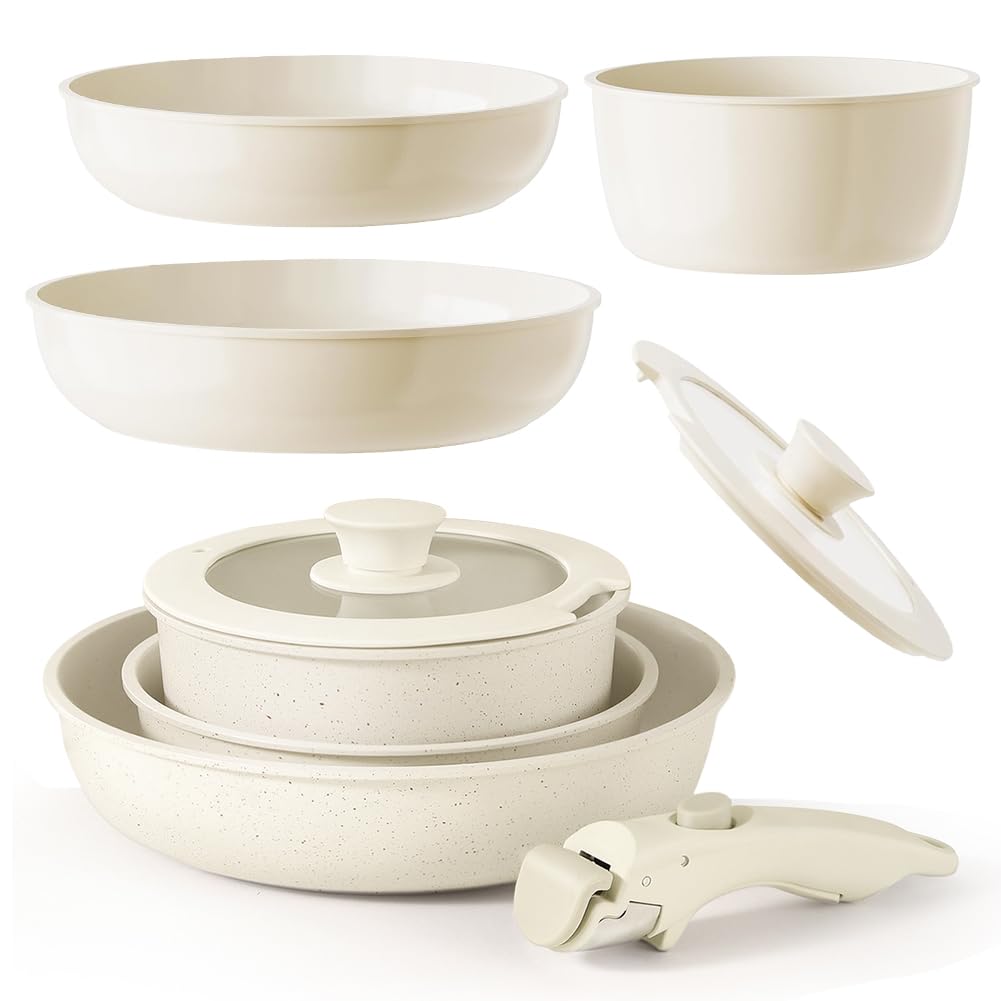 Set de sartenes de cerámica con mango extraíble, juego de 5 piezas (3 sartenes, 1 mango, 1 tapa) juego de sartenes con revestimiento antiadherente, para todo tipo de cocina para freír