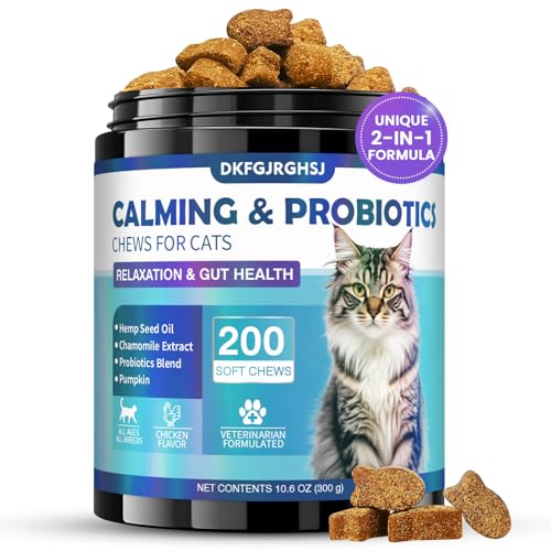 DKFGJRGHSJ Cat Calming Treats, 200 Soft Chews Hemp Calming for Cats Gut Health with Probiotics, Calm Cat Treats for Anxiety and Stress Relief & Probiotic for Cats Digestive Health Chicken Flavor
