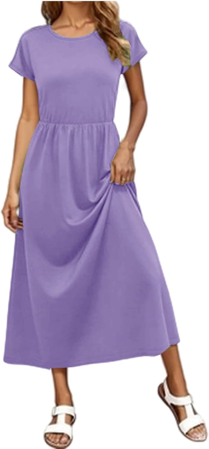 Womens Summer Midi Dress Casual Short Sleeve Round Neck A Line Flowy Beach Vacation Long Dress with Pockets
