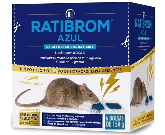 Ratibrom Azul Cebo Fresco 900gr 6 BOLSAS DE 150GR - Impex. Raticida eficaz contra Ratas y Ratones. Listo para Usar. Eficaz con Solo una Ingesta.