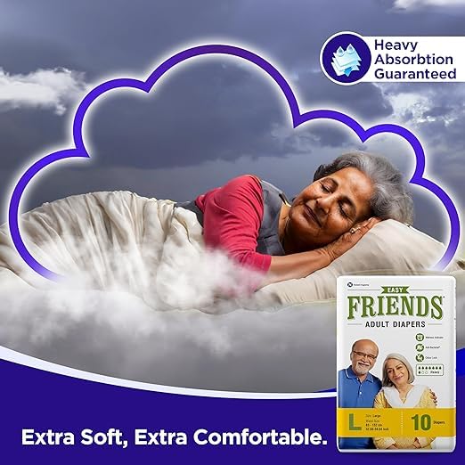 Image of Friends Easy Unisex Adult Diapers Tape Style-10 Count /Pack With Odour Lock And Anti-Bacterial Absorbent Core- Waist Size 30-56 Inch ; 76-142Cm (Pack-6, Large 60 Count)