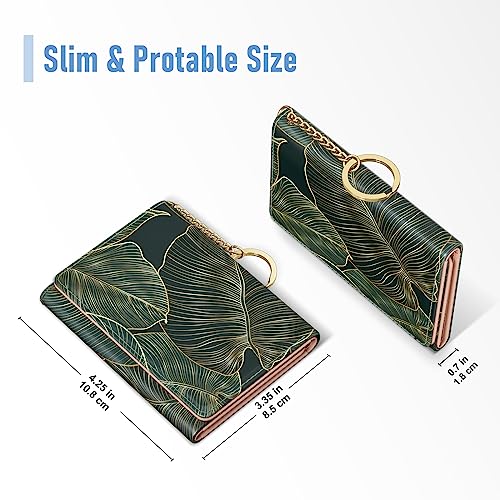 Image of Rouidr Womens Wallet, Small Slim RFID Card Wallets for Women, Cute Front Pocket Trifold Leather Card Organizer with 7 Slots & ID Window, Tropical Leaf
