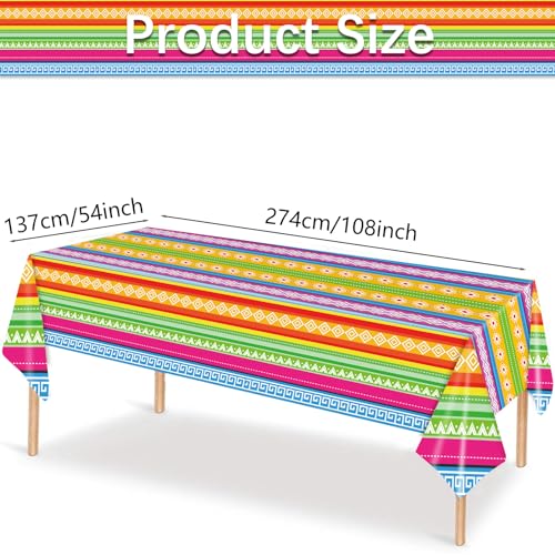 Image of 3-Piece 54 x 108 Inch Cinco De Mayo Fiesta Plastic Tablecloth - Mexican Taco Night Colorful Stripe Patterns, Disposable Rectangle Table Cover for Dining Picnic Table Cover Indoor Outdoor Decoration