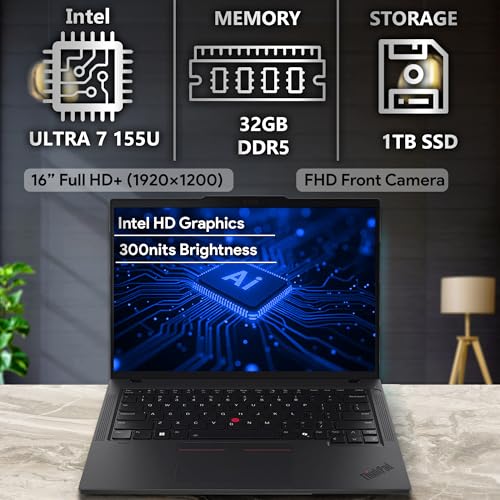Image of Lenovo ThinkPad T14 Gen 5 AI Business Laptop, 14 inch FHD+ Display, Intel Ultra 7 155U, 32GB DDR5 RAM, 1TB SSD PCIe, Fingerprint, Backlit Keyboard, WiFi 6E + BT, RJ-45, HD Webcam, Win 11 Pro - Black