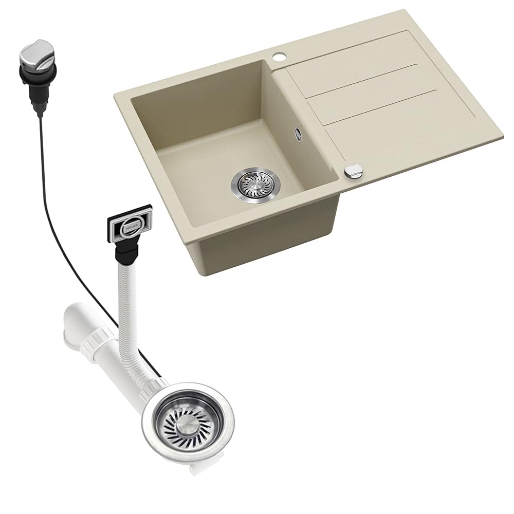 Bergström Evier "Kapstadt", Beige, 78x50cm | avec égouttoir et kit de vidage pour installation sous-plan ou à encastrer