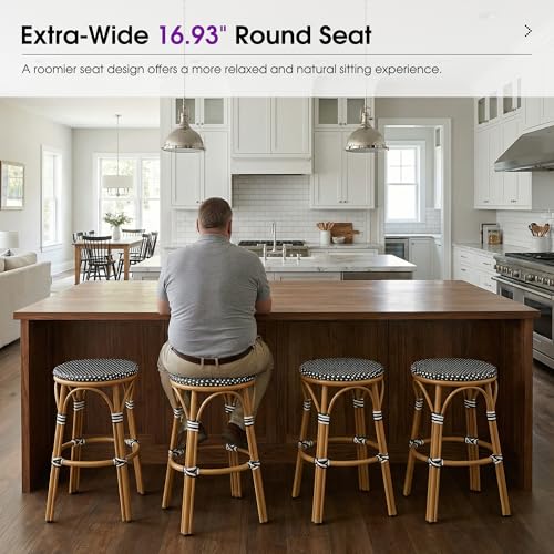Image of PURPLE LEAF Outdoor French Round 30 inch Bar Stool Set of 2 Oversized Rattan Armless Barstools Bamboo Finish Aluminum Frame Footrest with Handwoven Wicker for Indoor Patio Yard Bistro Black