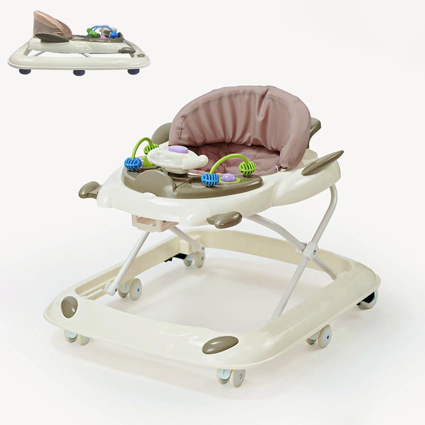 RYDR 101 Baby Walker with Wheels, Foldable Adjustable Height Walker for Babies 6–12 Months, Interactive Lights & Sounds, Toddler Walker Play Centre (Beige)