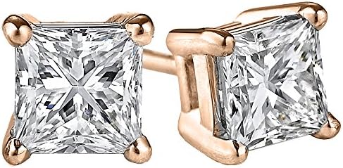 Rose Gold Plated 925 Sterling Silver Princess Cut Cubic Zirconia Stud Earrings 2CTW