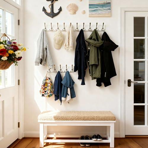 Image of SKOLOO Creations White Solid Wood Wall Mounted Coat Rack, 10 Hooks, 38-1 /8 inch Long - Kitchen, Mudroom, Entryway, Bathroom - Includes Mounting Hardware, Wall Coat Hanger, Towel Rack