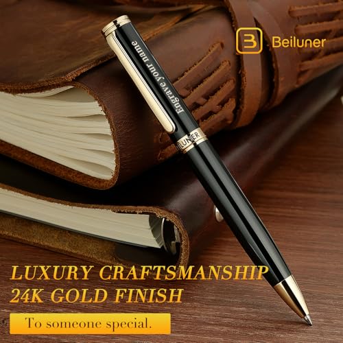 Image of BEILUNER Luxury Personalized Gel Pen with 24K Gold Finish, Black Piano Lacquer, Luxury Grade Craftsmanship, Best Pen Gift Set for Men and Women, Professional, Executive, Office, Retractable Nice Pens