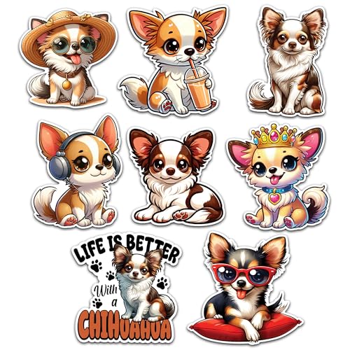Image of Chihuahua Dog Sticker 8 Pcs (Large Size) Vinyl Stickers Laptop Waterproof Decal for Car Bumper Water Bottle Laptop Notebook Window Funny Party Birthday Decorations - Size 4 Inches